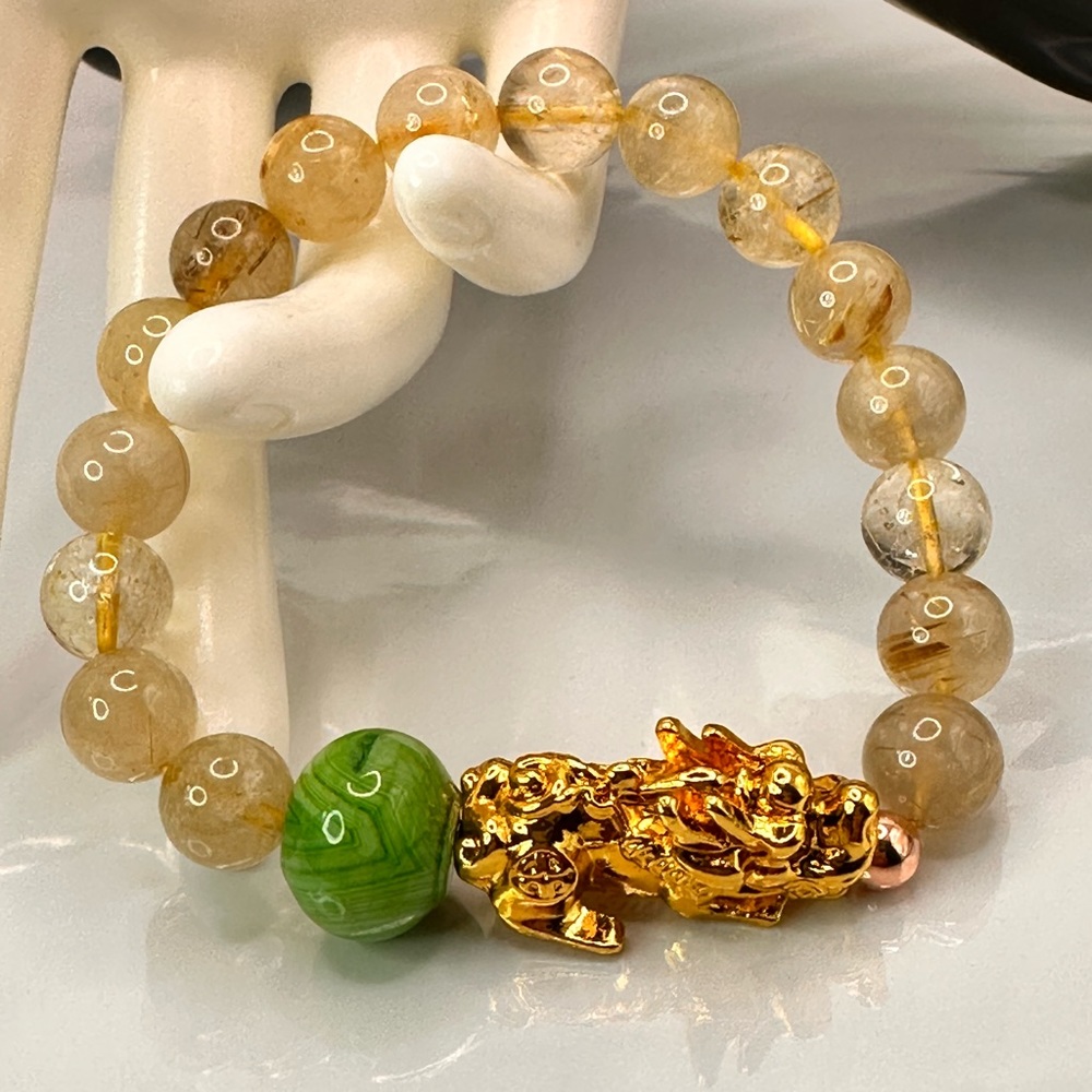 GOLD RUTILANT + GOLD PIXIU NATURAL BRACELET size 7” - Picture 4 of 12